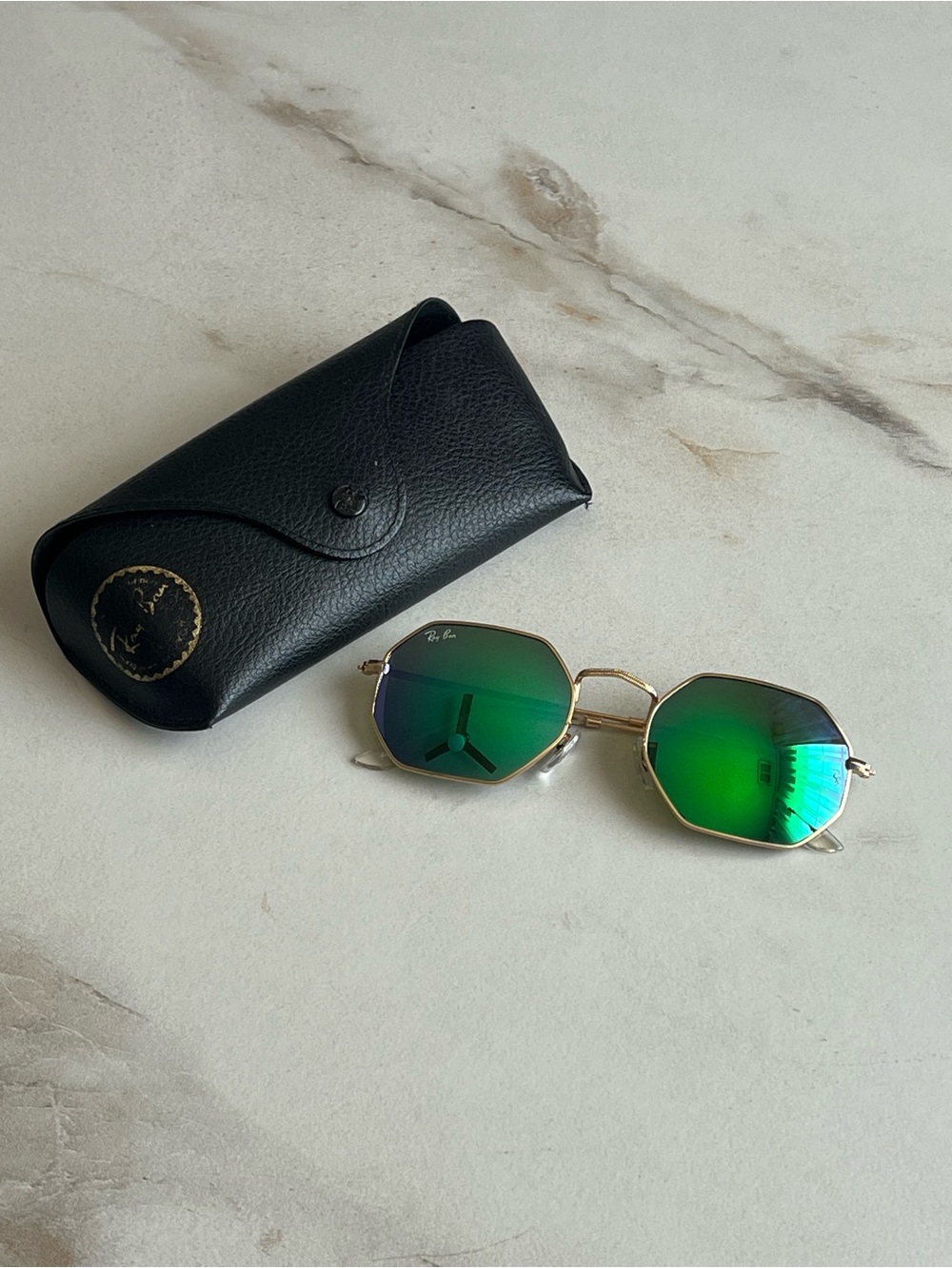 Ray-Ban Gold Frame hexagon Sunglasses with Green blue Mirrored Lenses